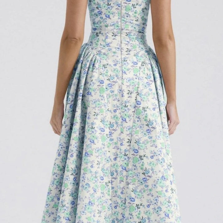 Floral Midi Dress Square Neck Wide Straps