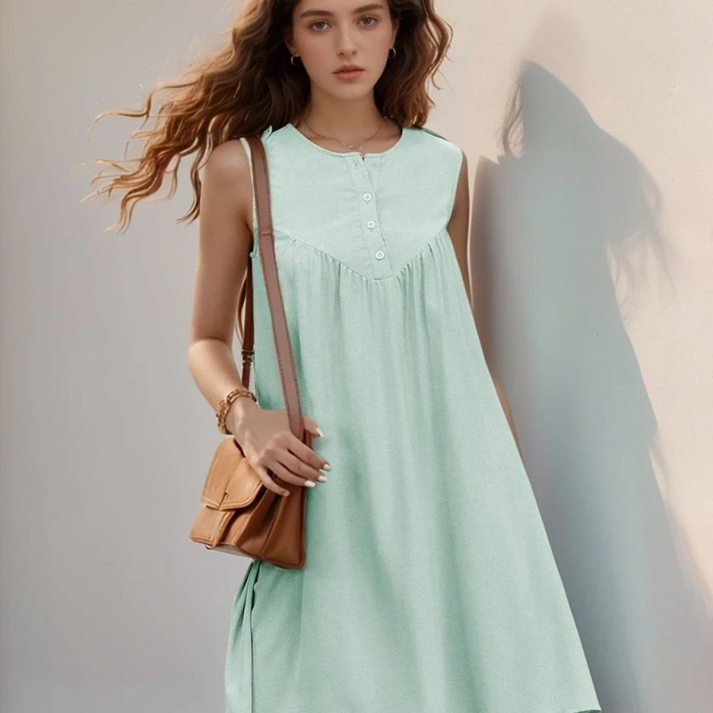 Button Detail Sleeveless Mini Dress