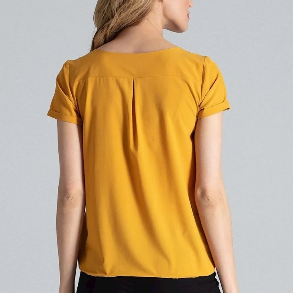 Heart Neck Blouse with Cuffed Short Sleeves