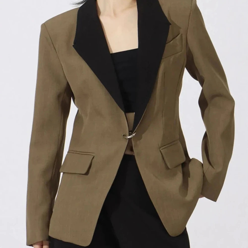Contrast Lapel Collar Long Sleeve Blazer