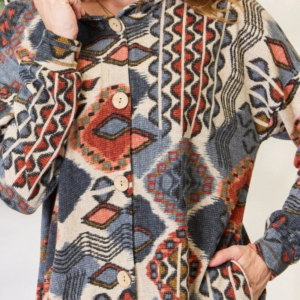 Printed Button Up Hooded Jacket