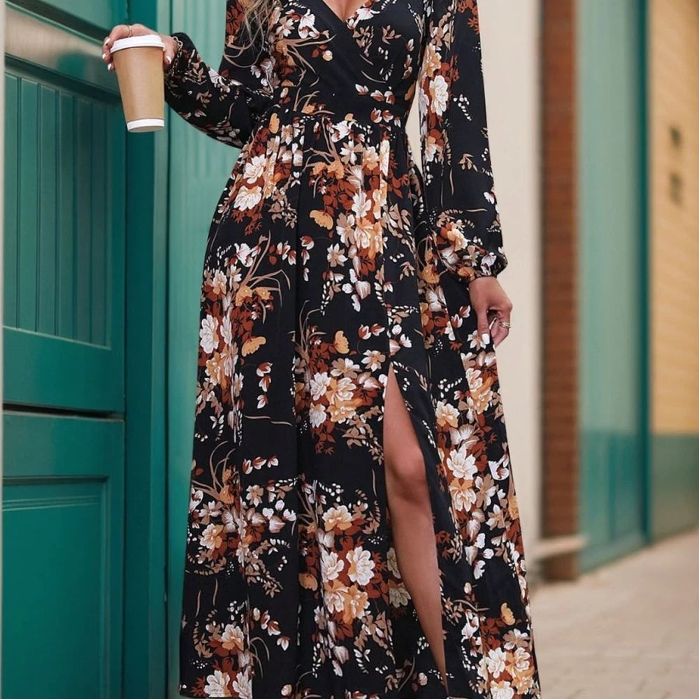Printed Surplice Maxi Dress with Slit