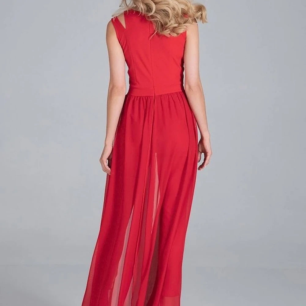 Sleeveless Chiffon Jumpsuit with Slit Skirt