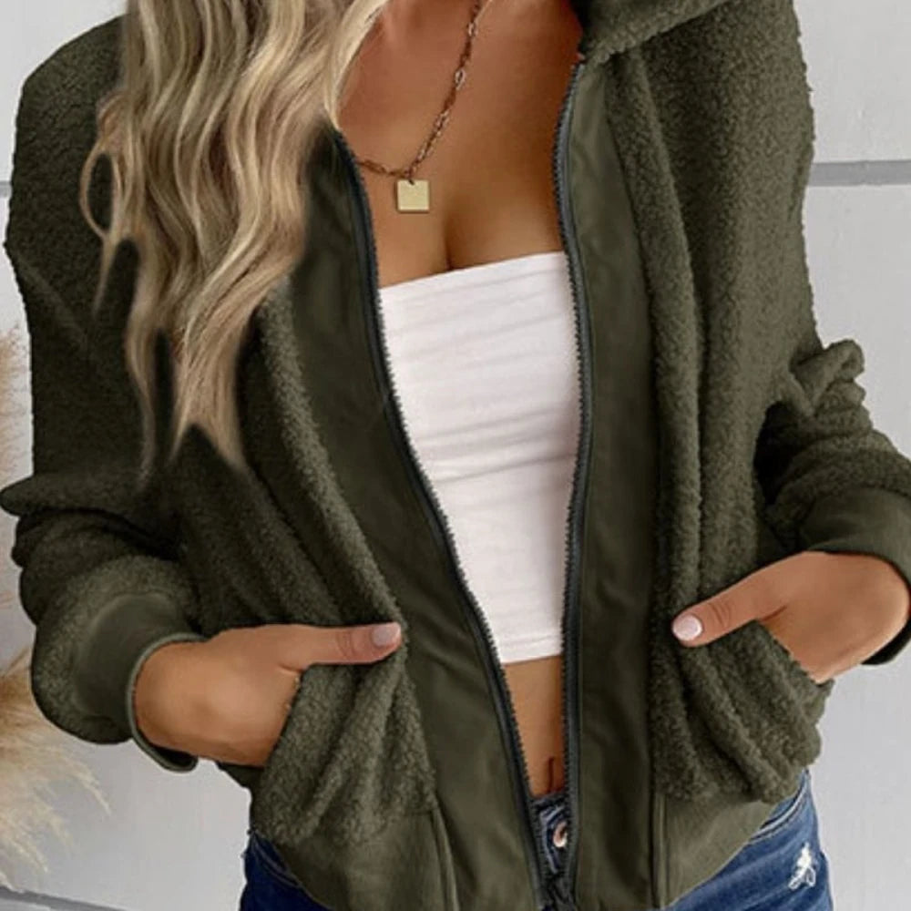 Sherpa Zip-Up Collared Neck Cropped Jacket