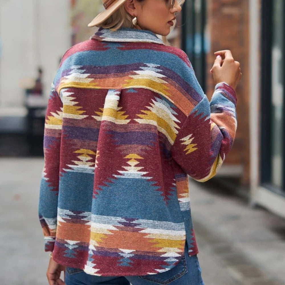 Printed Collared Neck Long Sleeve Casual Jacket