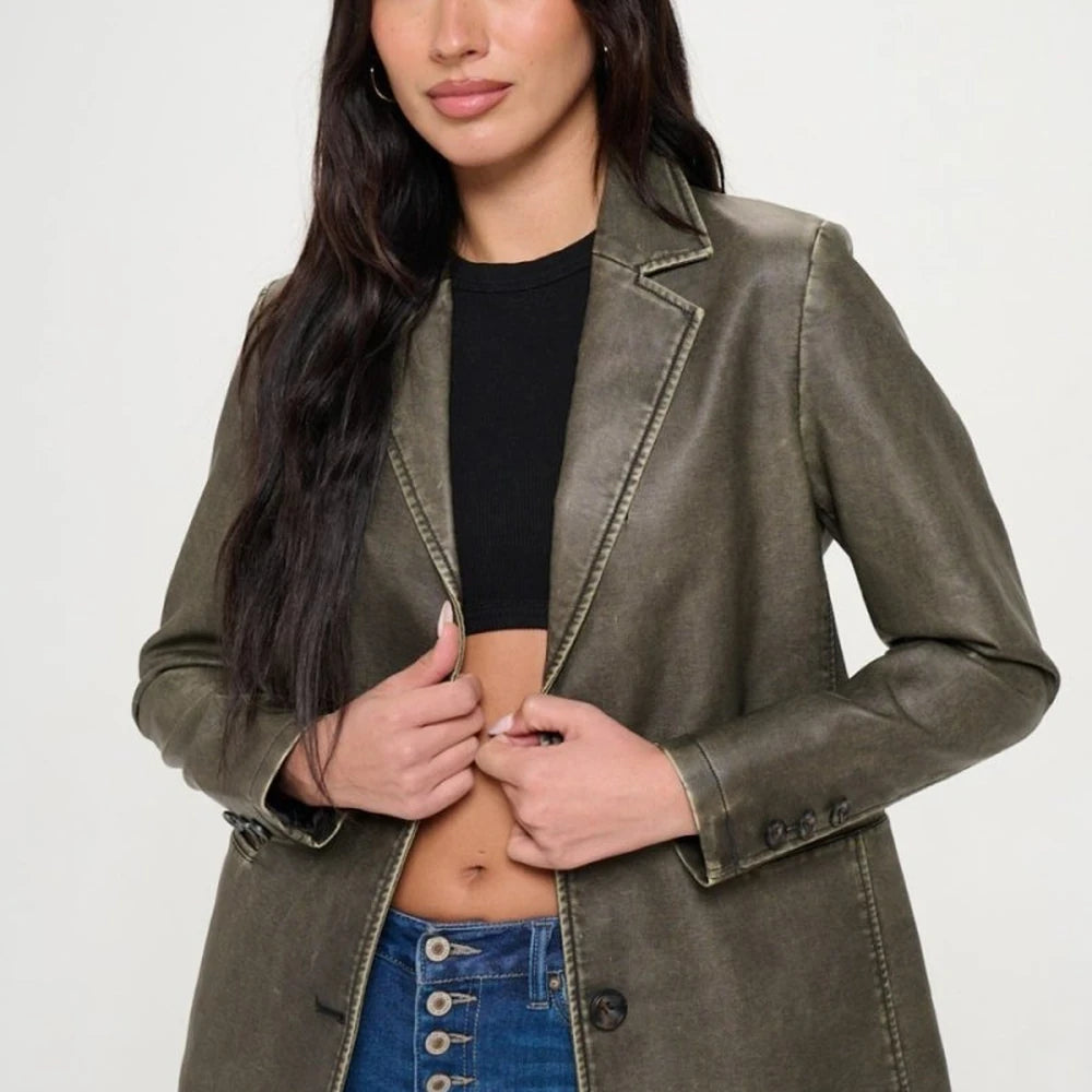 Vegan Leather Single-Breasted Blazer