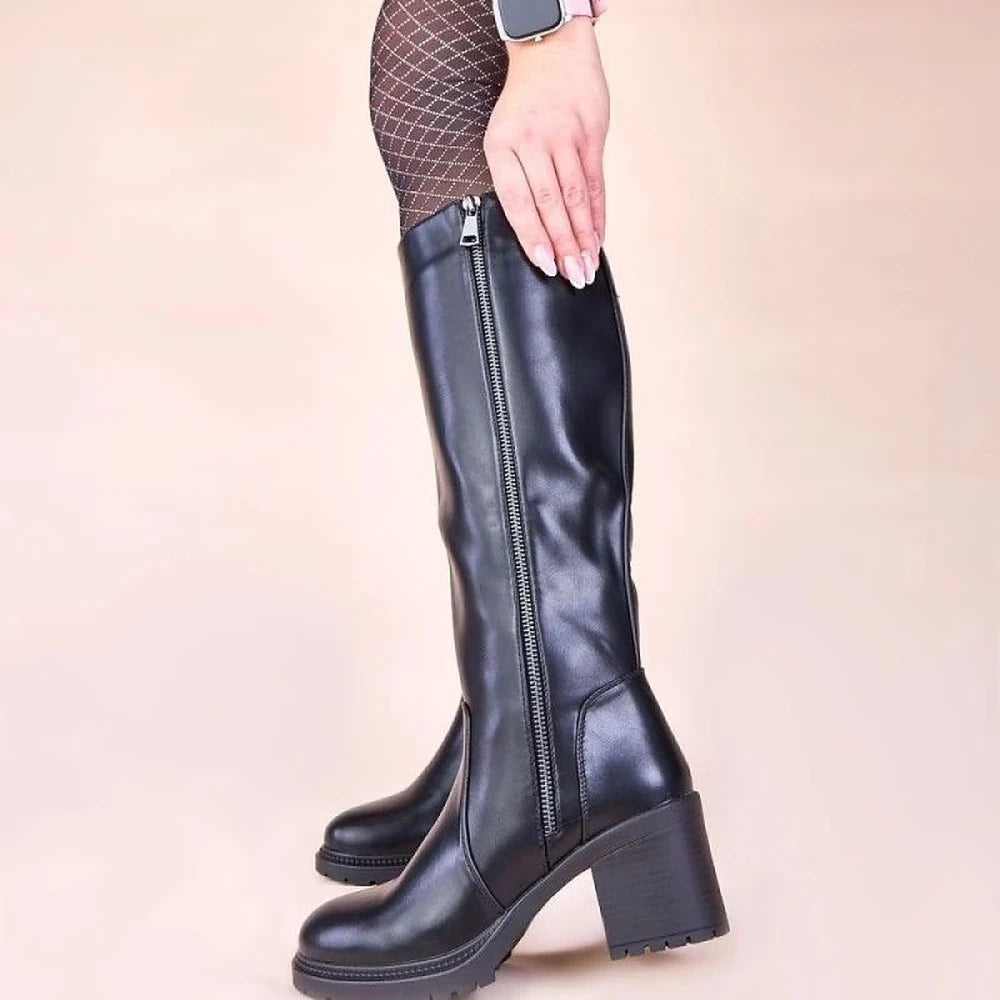 Black Leather Heel Boots
