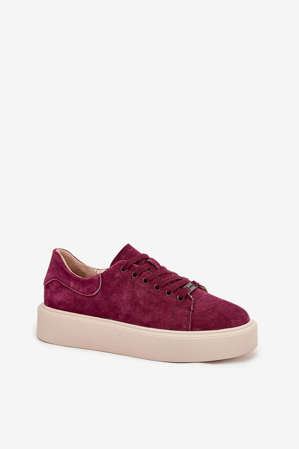 Maroon suede platform sneakers with a tan sole and silver eyelets.