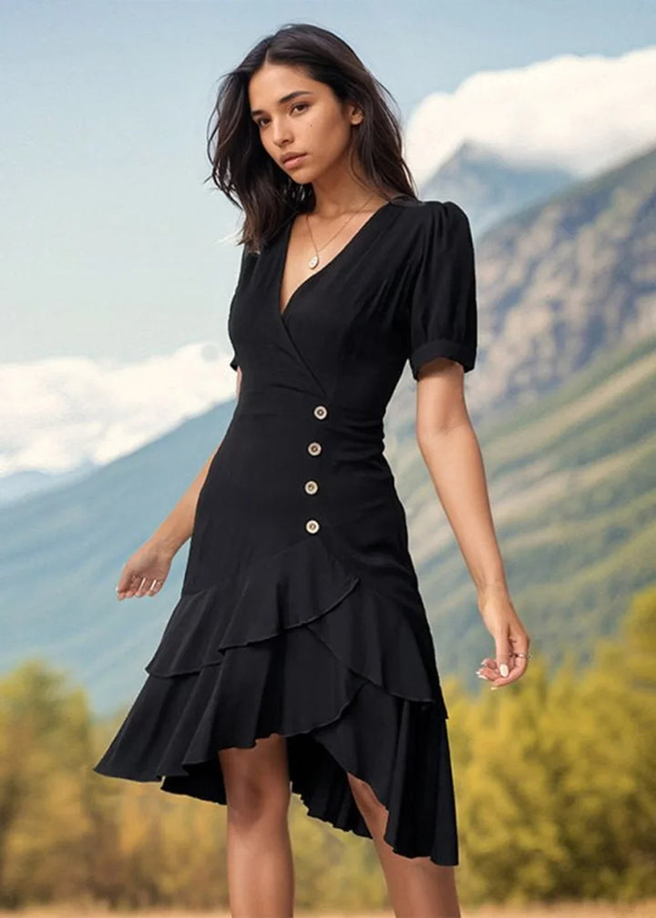 Black rayon wrap dress with ruffled hem and button detail on model.