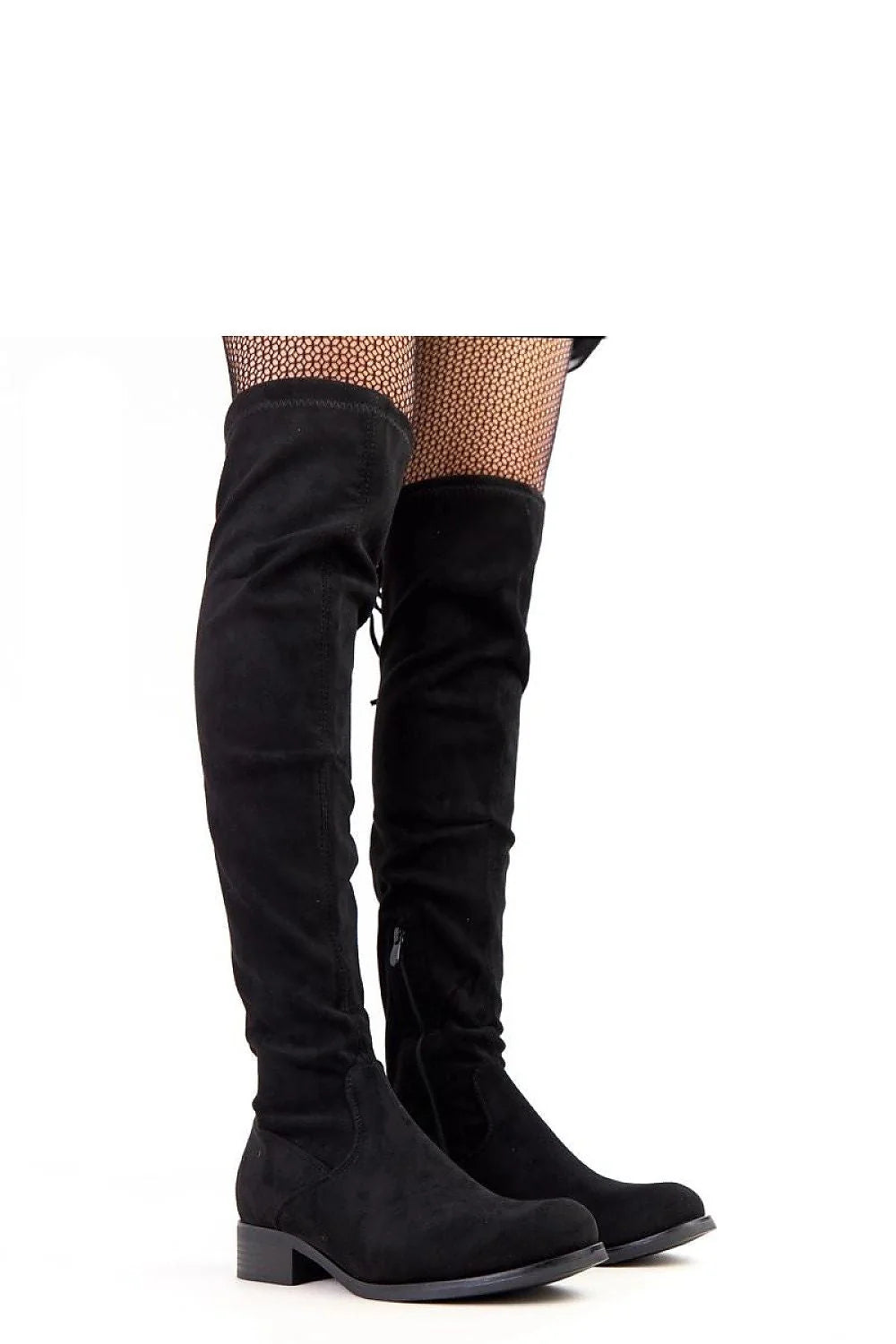 Black over-the-knee boots with a textured, matte finish and a side zipper, worn with fishnet stockings.