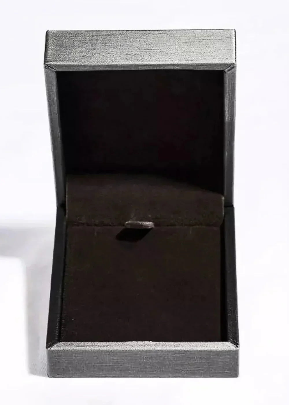 Open, dark gray jewelry box with a textured finish and a dark interior.
