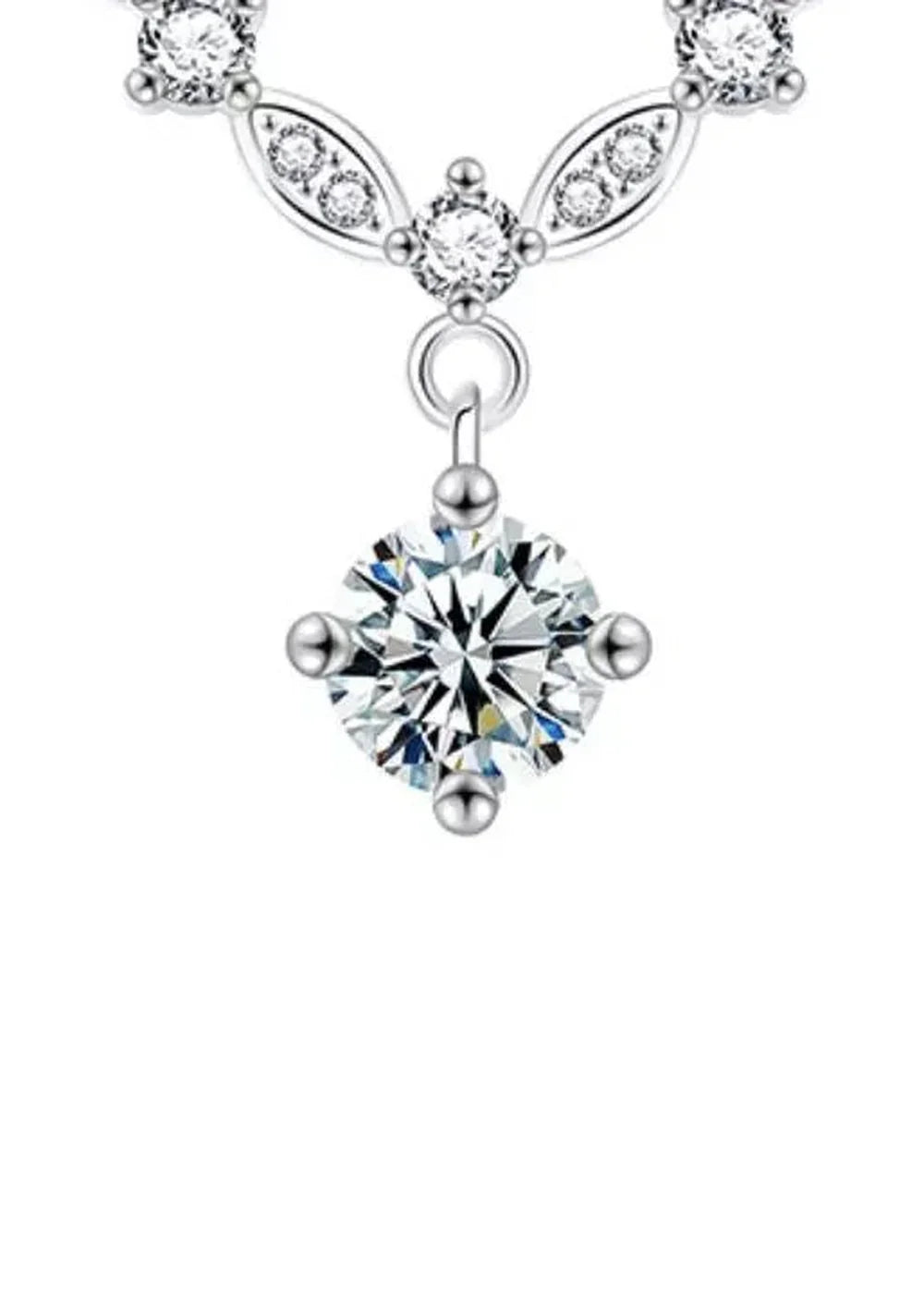 Silver necklace with a sparkling moissanite diamond pendant and intricate floral accents.