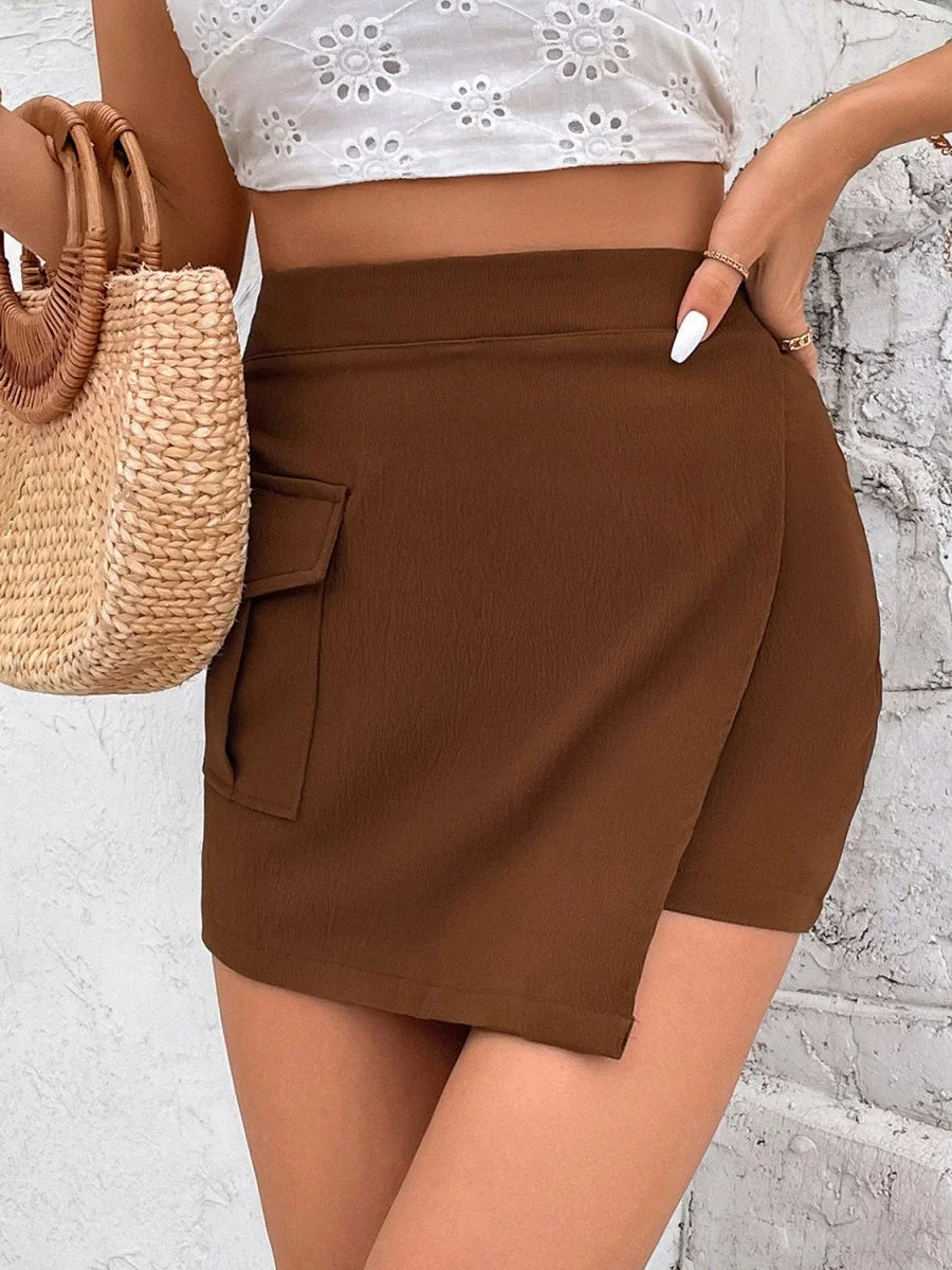 Brown textured skort with a wrap front and single pocket detail, shown on model.