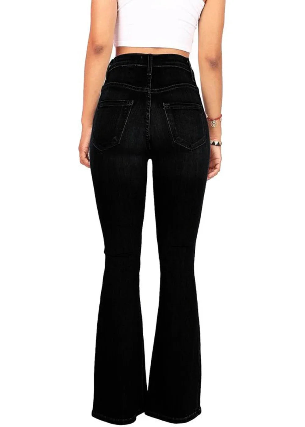 Black high-waisted flare jeans with a fitted silhouette and bell-bottom legs, shown from the back.