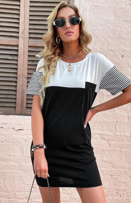 Black and white striped short-sleeve t-shirt dress with a chest pocket.