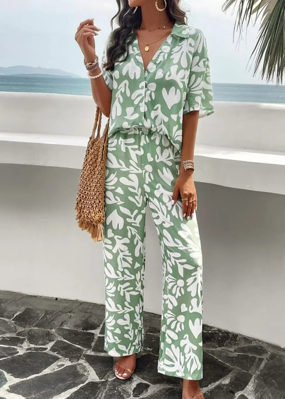 Green printed short sleeve trousers two-piece suit
