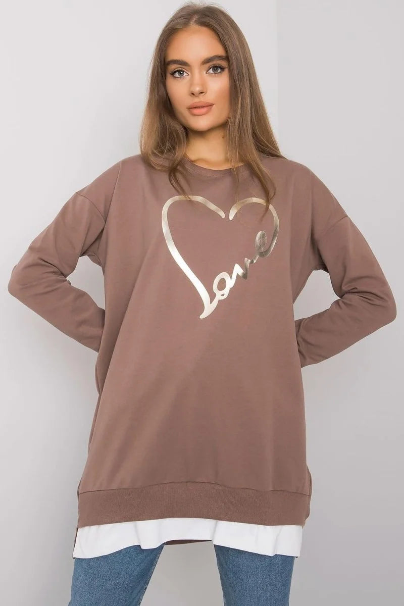 Brown long-sleeve tunic top with a metallic gold heart and "love" print, layered over a white hem.