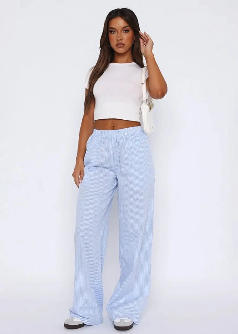 Light blue and white striped wide-leg pants with an elastic waistband.