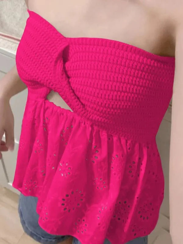 Hot pink smocked tube top with eyelet ruffle hem and cutout detail