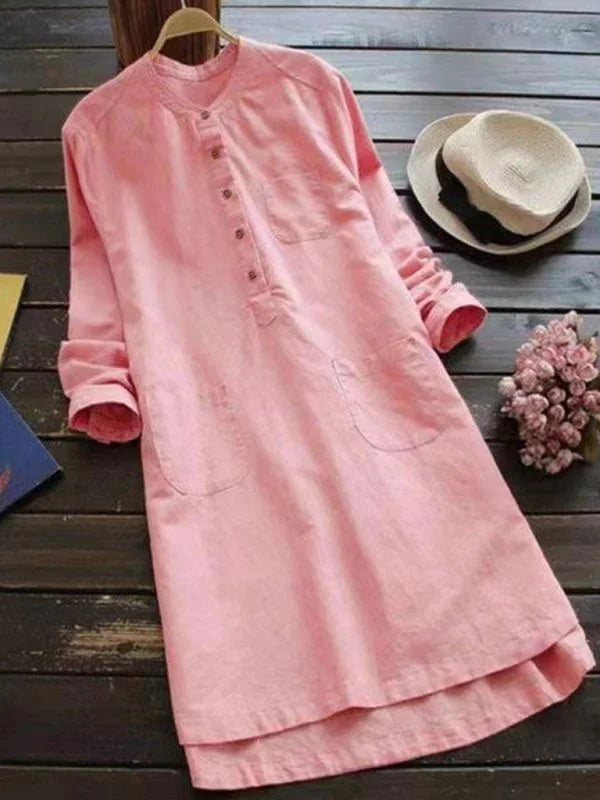 Light pink linen-blend tunic dress with button placket, chest pocket, and side pockets.