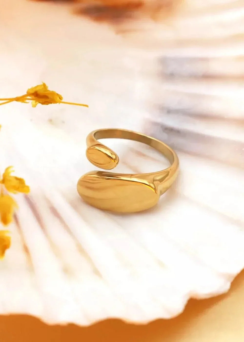 Gold-plated titanium steel ring with smooth, rounded ends, resting on a seashell.