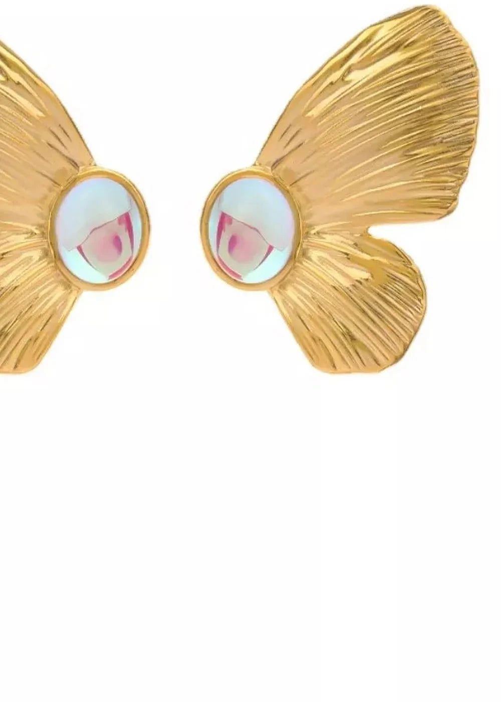Gold-plated earrings with iridescent resin stones, shaped like textured butterfly wings.