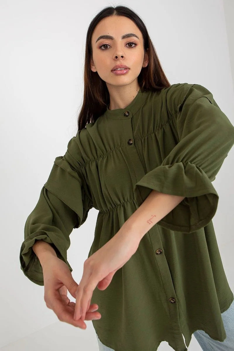 Olive green loose-cut polyester tunic with gathered detail and button front.
