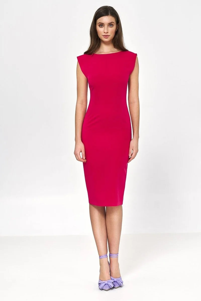 Fitted fuchsia dress with cap sleeves and a boat neckline, paired with lavender bow-tie pumps.