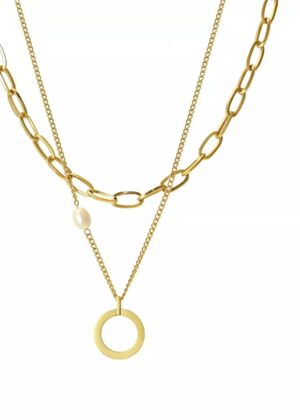 Gold-tone layered necklace with a pearl and a circular pendant