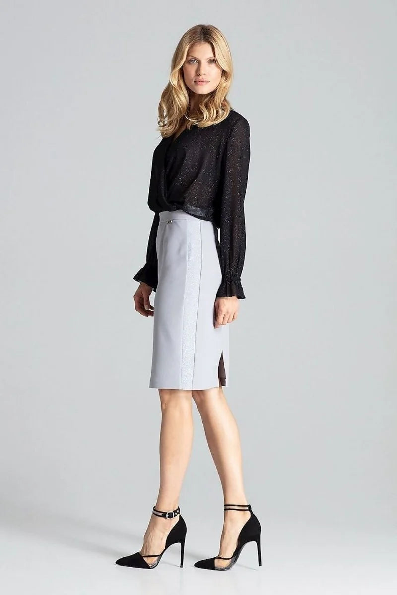 Light gray pencil skirt with subtle sparkle detail and side slit, shown on model.