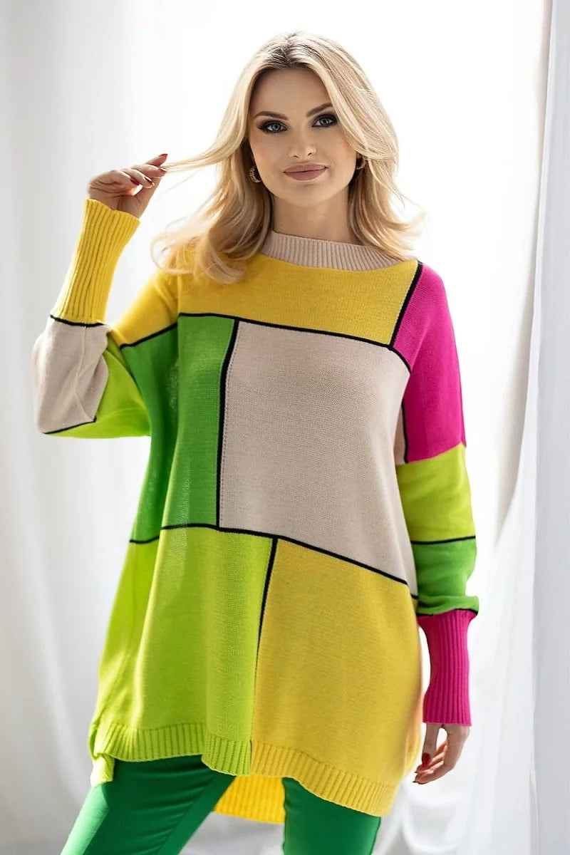 Loose-fitting acrylic and cotton blend sweater with a colorful geometric block pattern in yellow, lime green, beige, and h...
