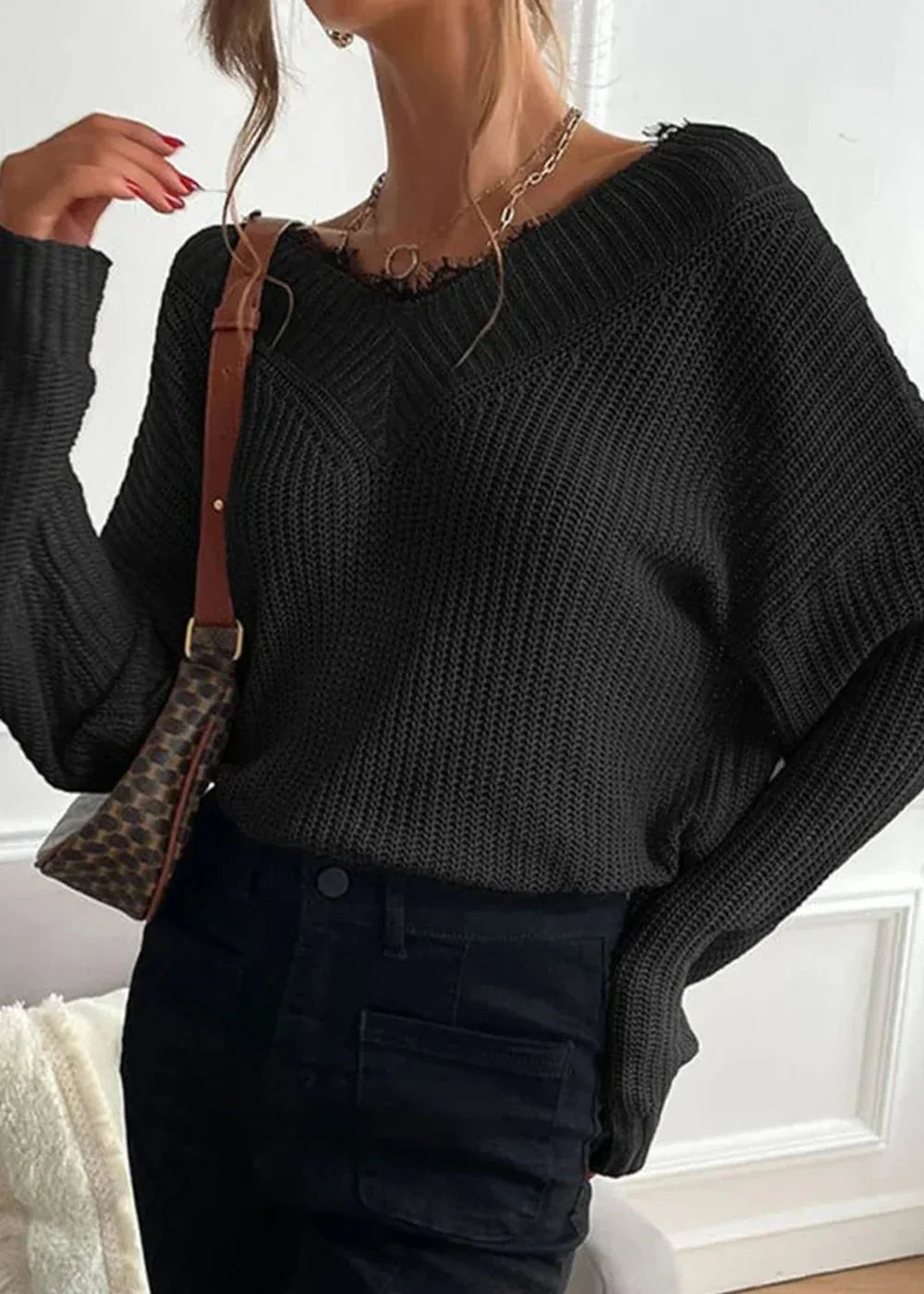 Coffee women's knit sweater with lace detail