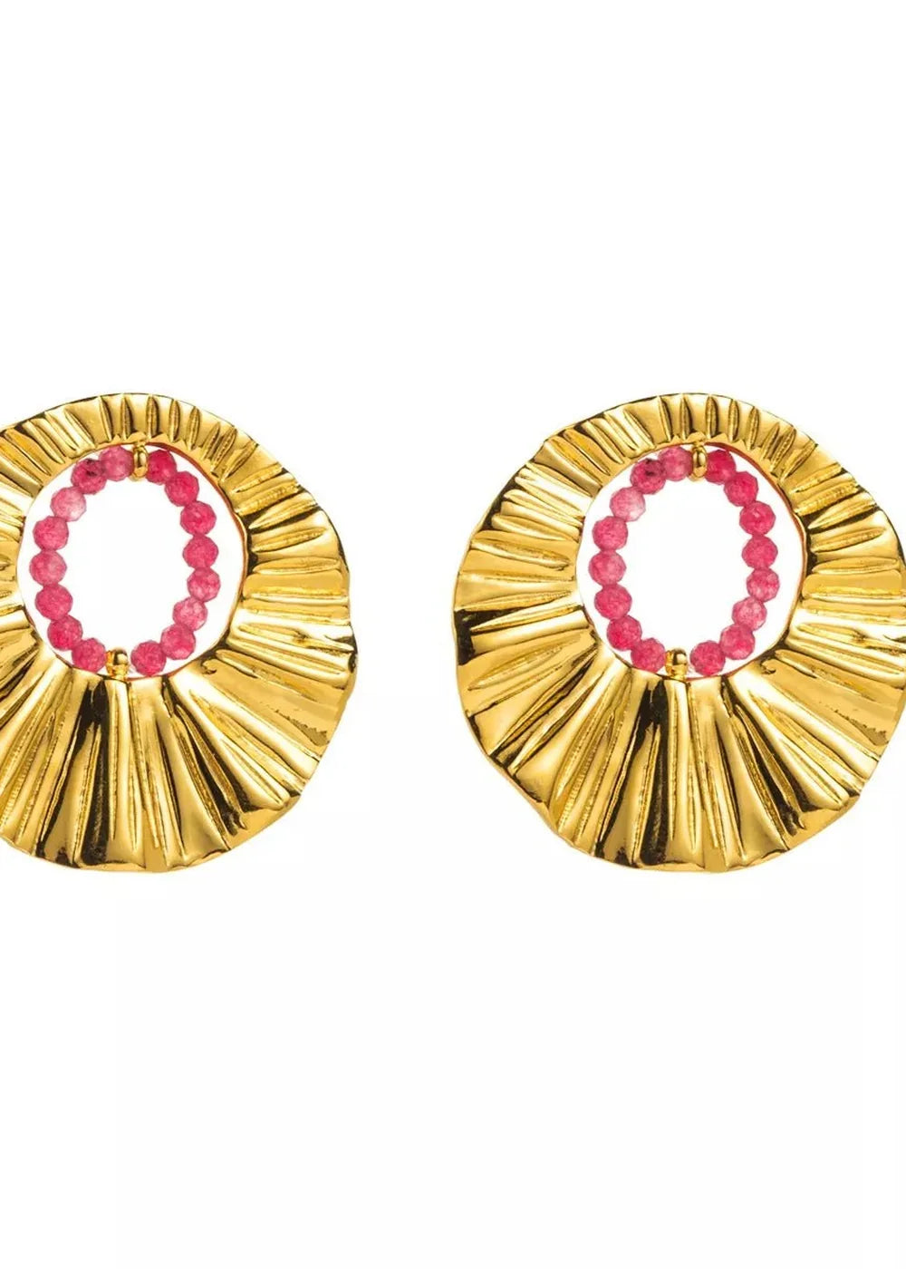 Gold-plated earrings with a textured, fan-like design and a circular arrangement of small pink rice beads.