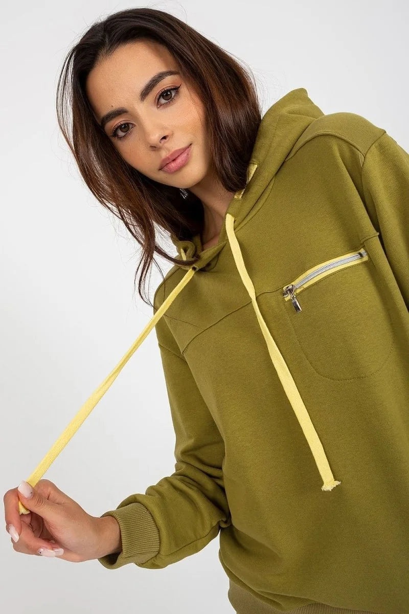Olive green hooded sweatshirt with yellow drawstring and zippered chest pocket.