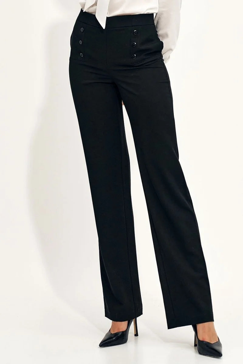 High-rise black wide-leg trousers with a double-button detail, shown on a model.