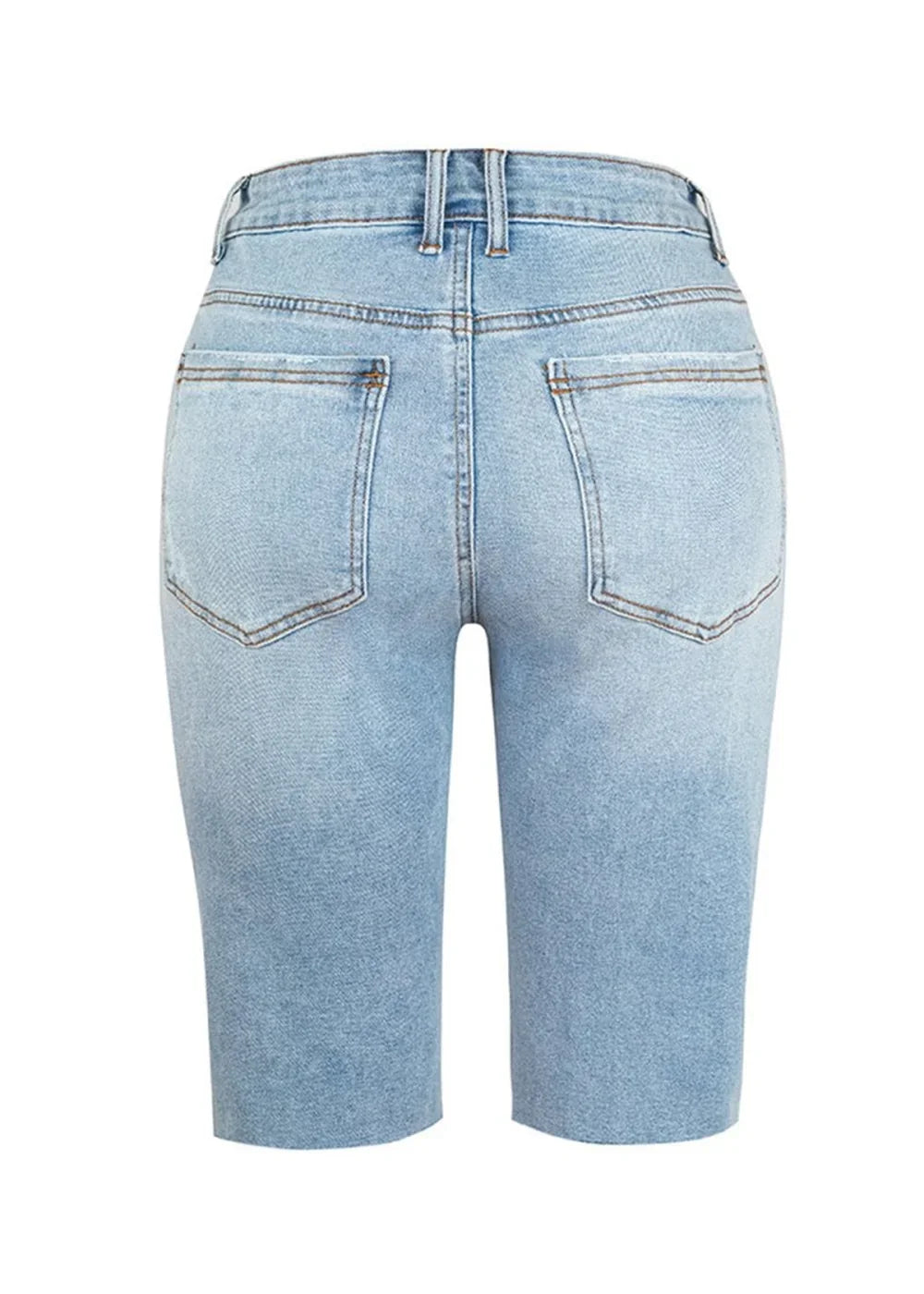 Light wash denim shorts showing back pockets and frayed hem.
