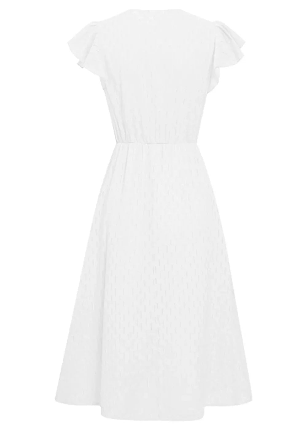 White cotton midi dress with flutter sleeves and a subtle geometric pattern.