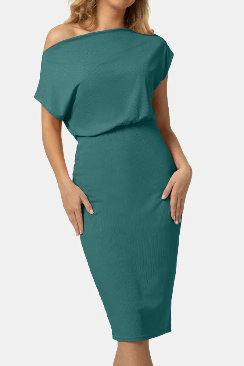 Khaki boat neck knee-length dress