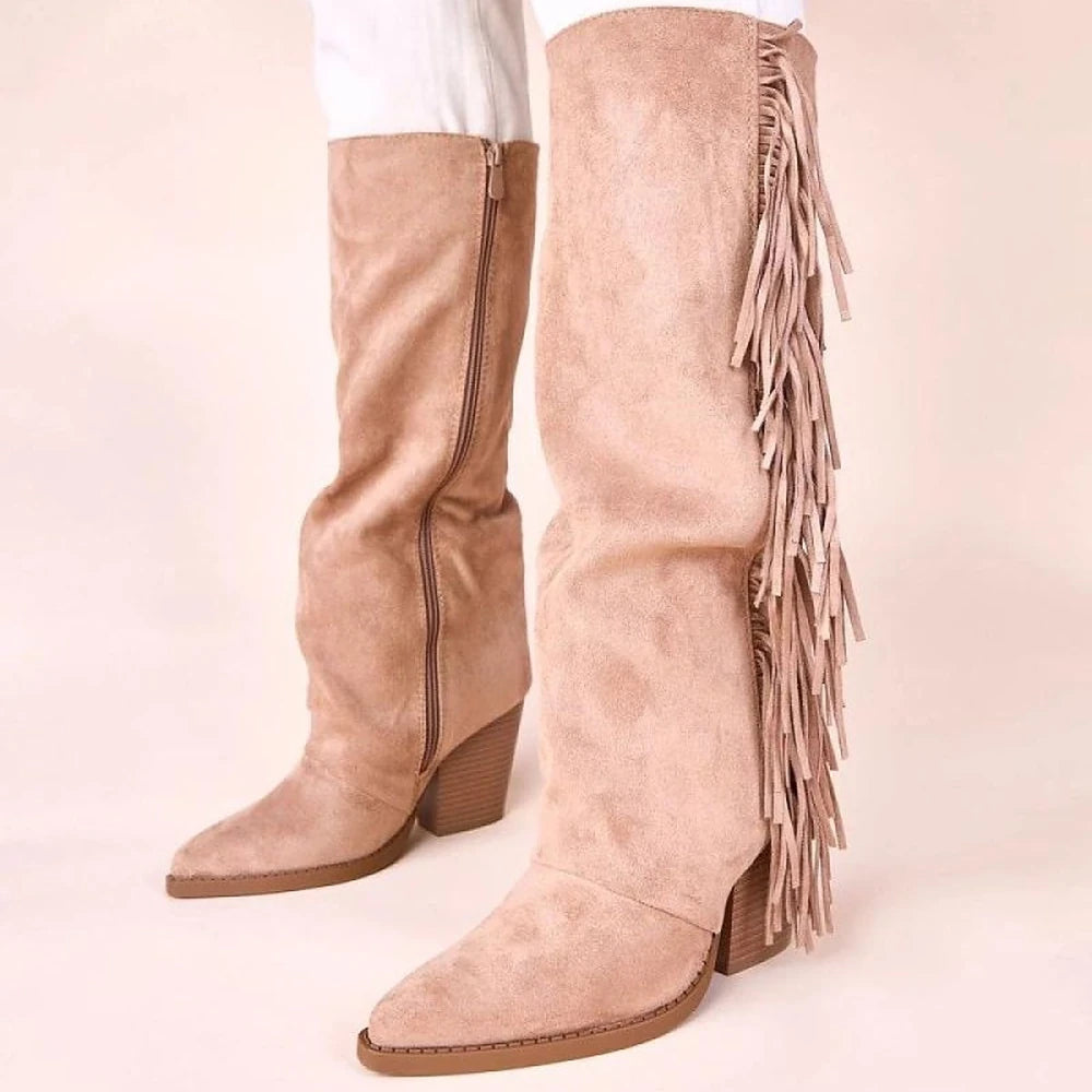 Beige Suede Fringe Cowboy Boots