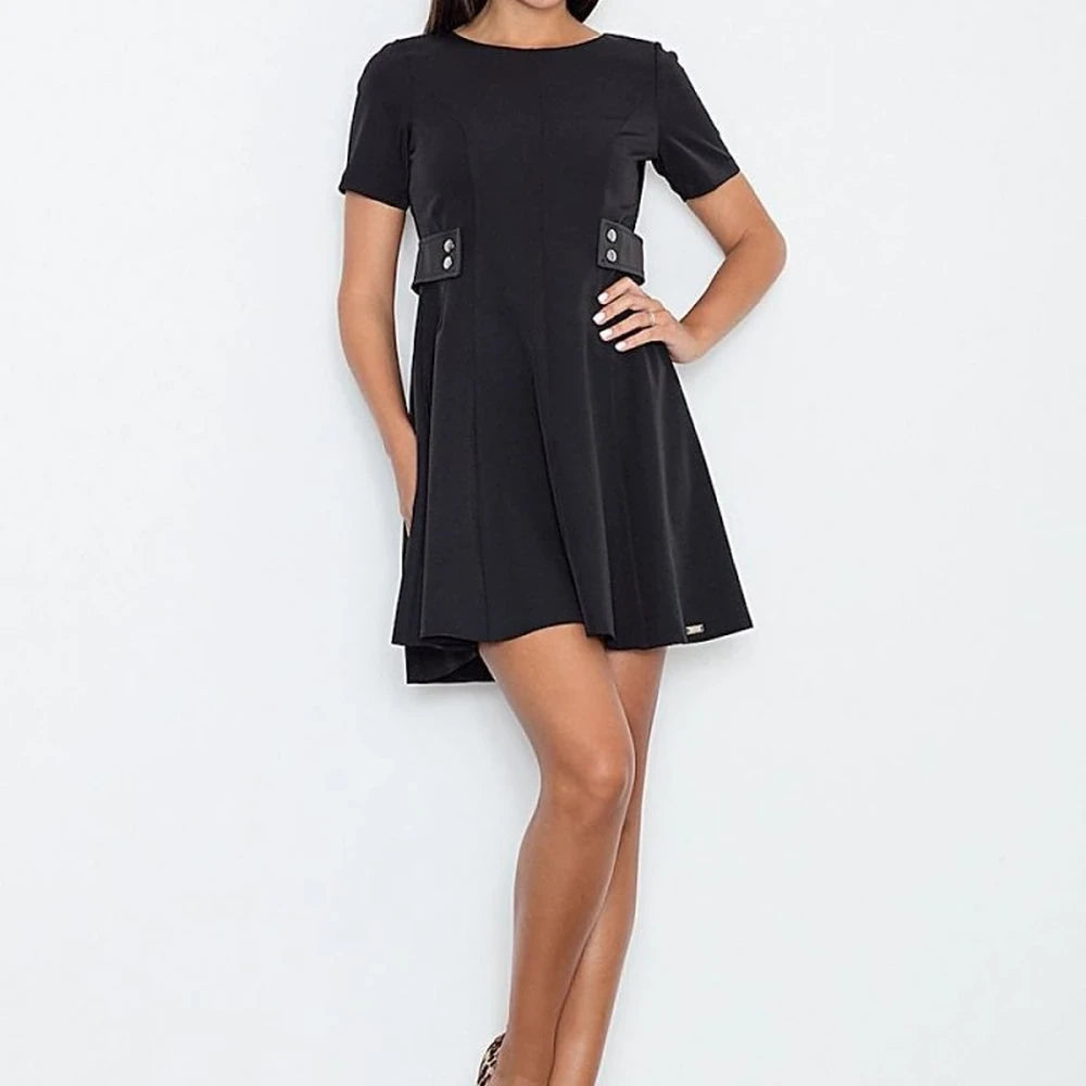 Flared Dress with Leather Inserts & Short Sleeves