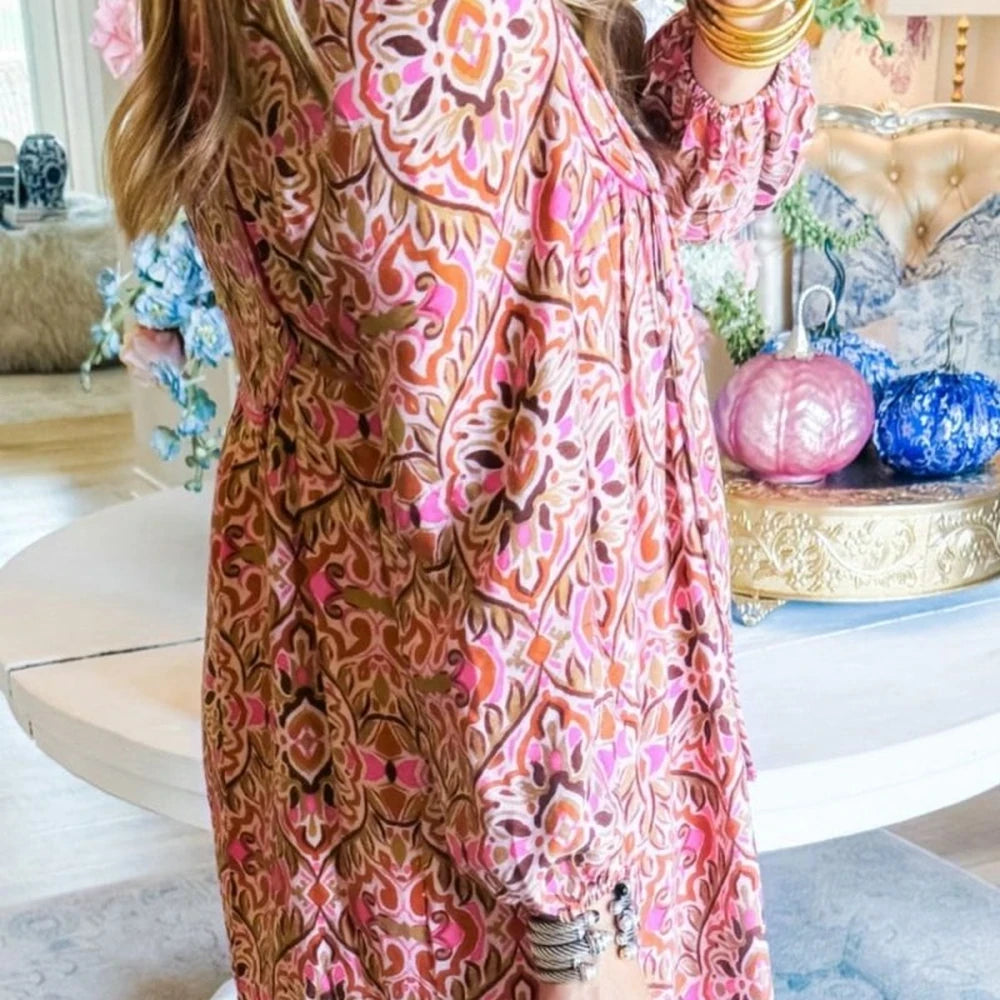 Floral Ruffle Sleeve Mini Dress with Tie Neck