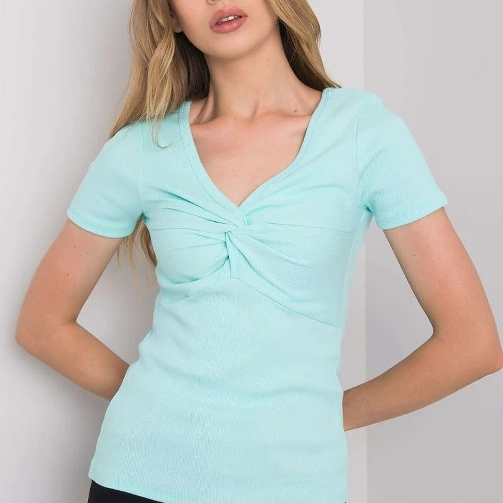 Ribbed Knot Blouse with Heart Neckline