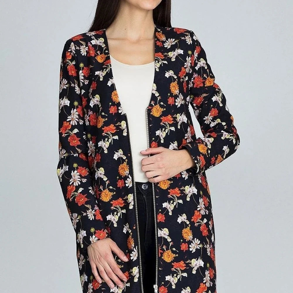 Long Floral Jacket with Decorative Zipper