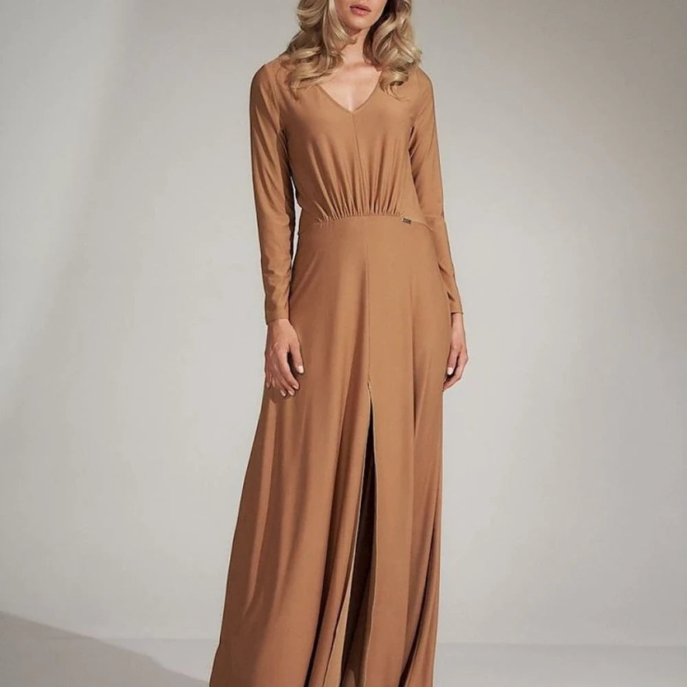 Flared V-Neck Dress with Slit