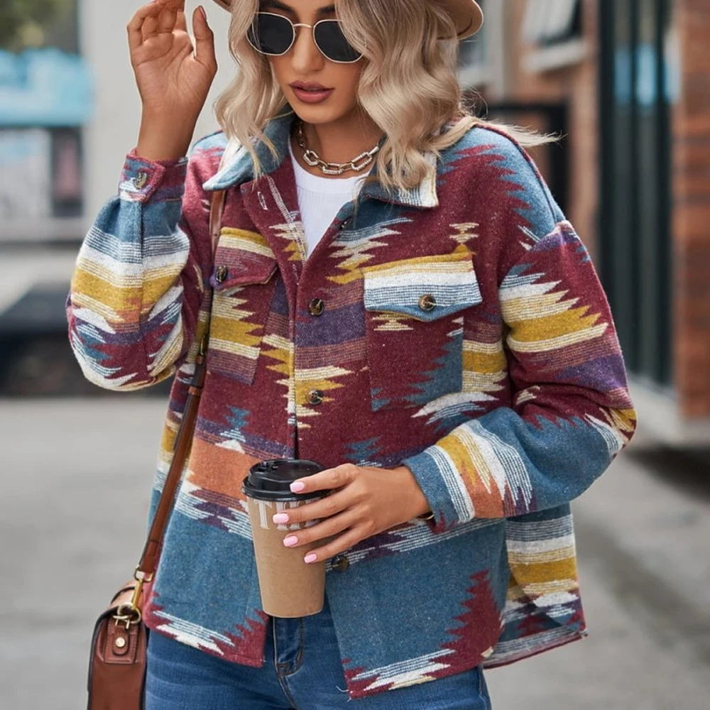 Printed Collared Neck Long Sleeve Casual Jacket