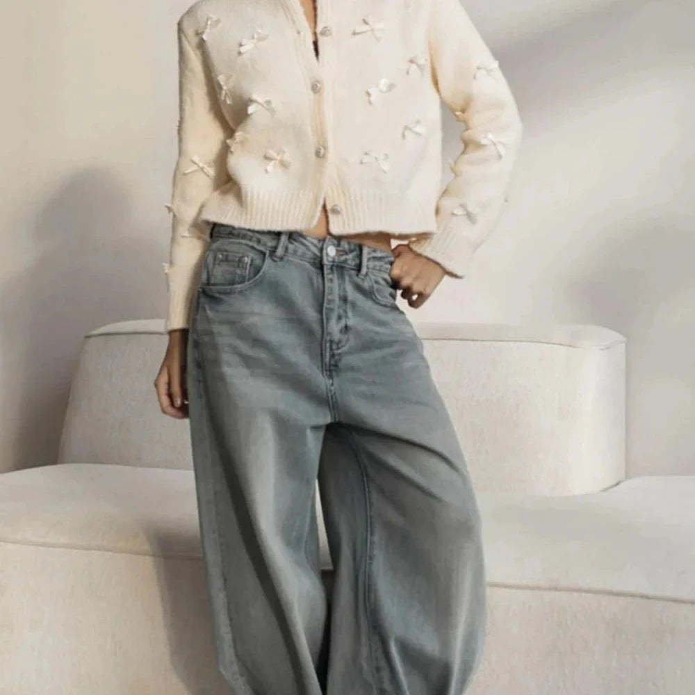 Bow Button Up Long Sleeve Cardigan