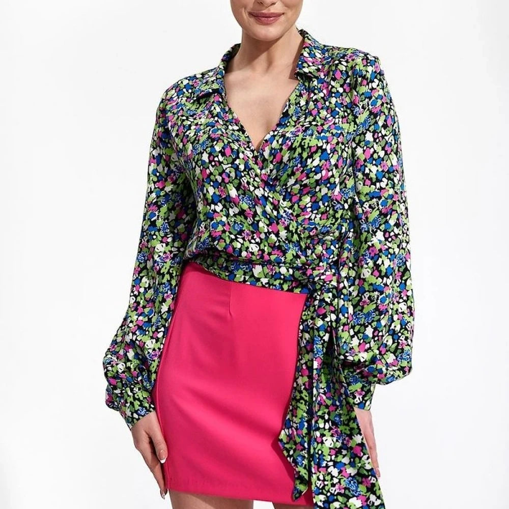 Elegant Wrap Blouse with Pleated Sleeves