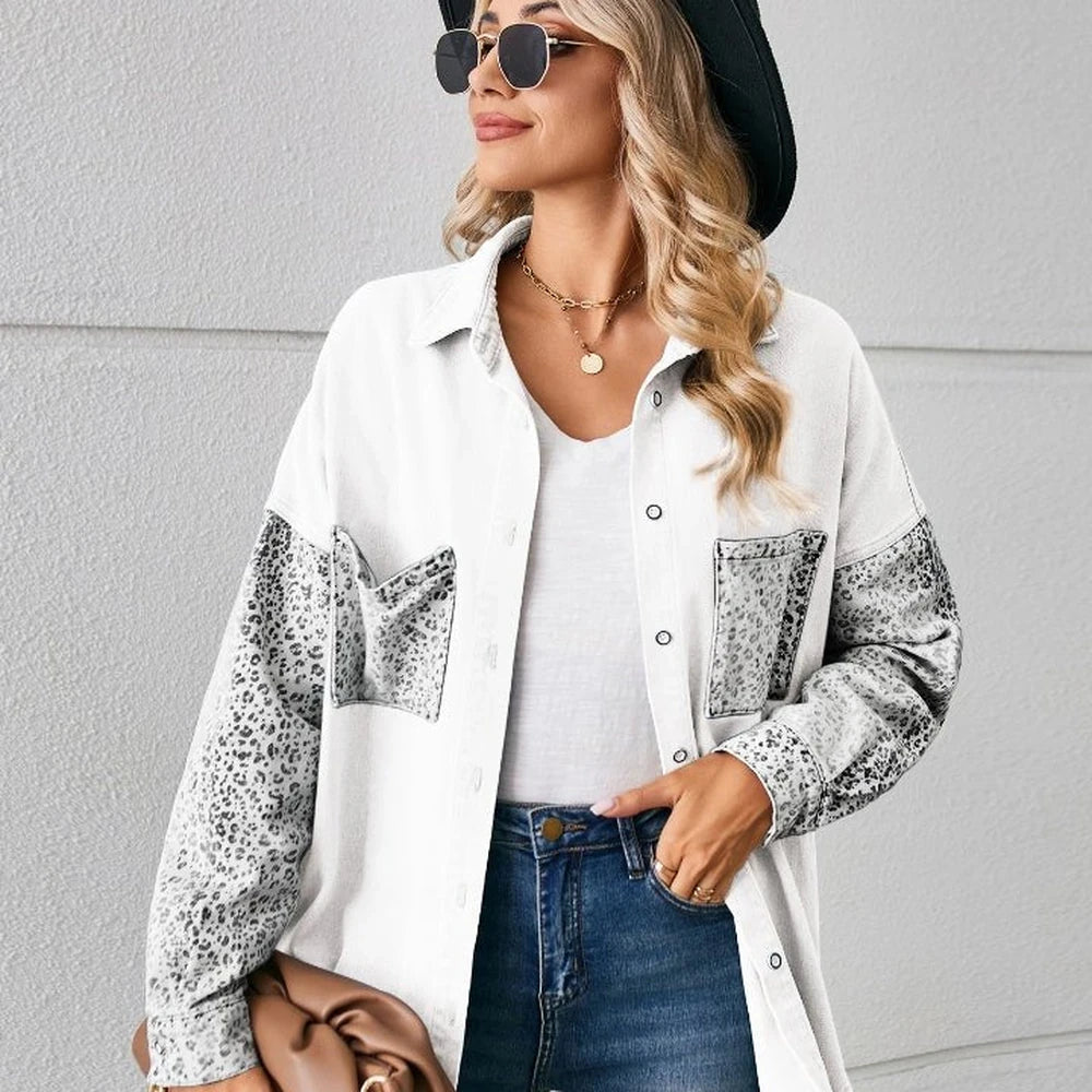 Leopard Print Button Up Denim Jacket