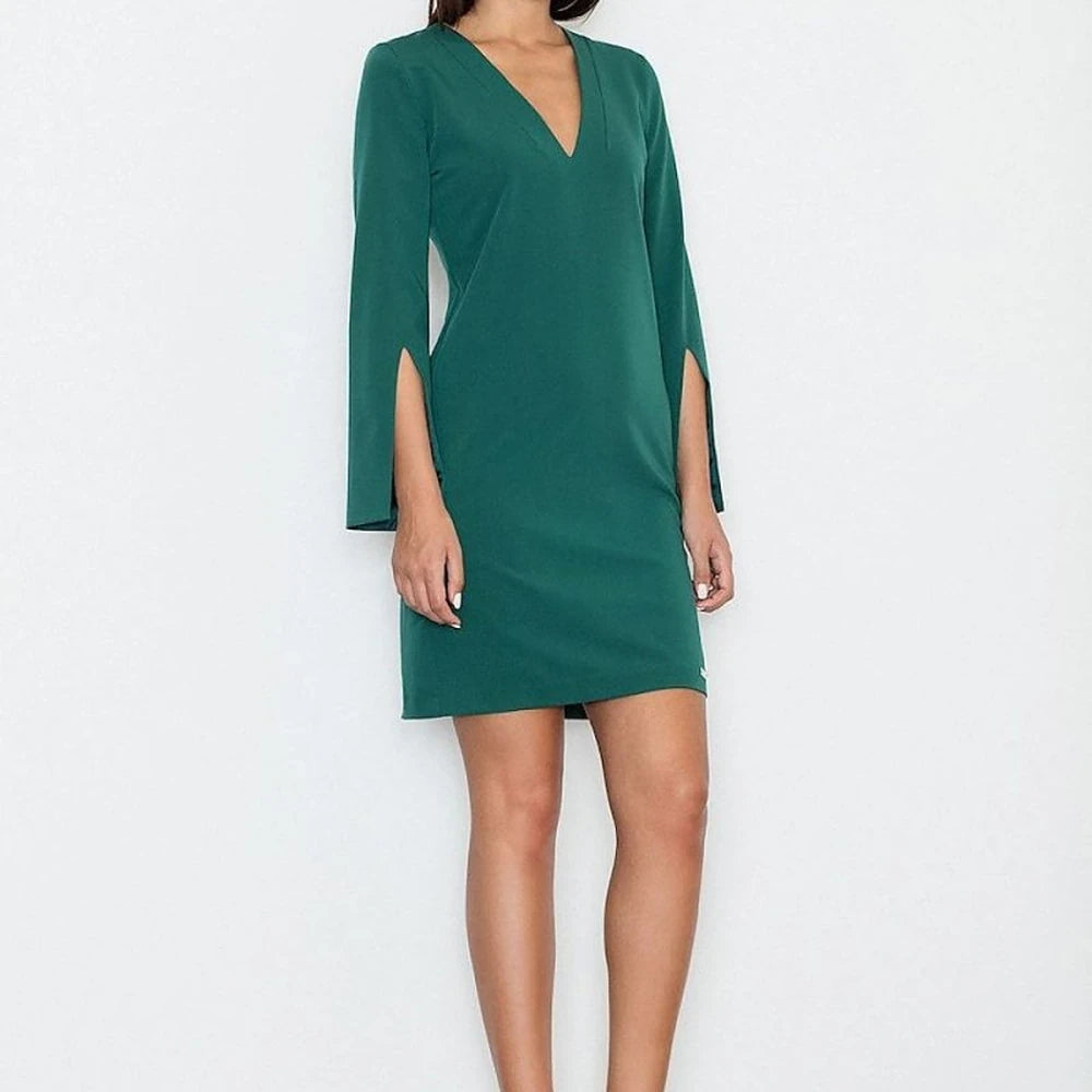 Pointed Neckline Slit Sleeve Dress
