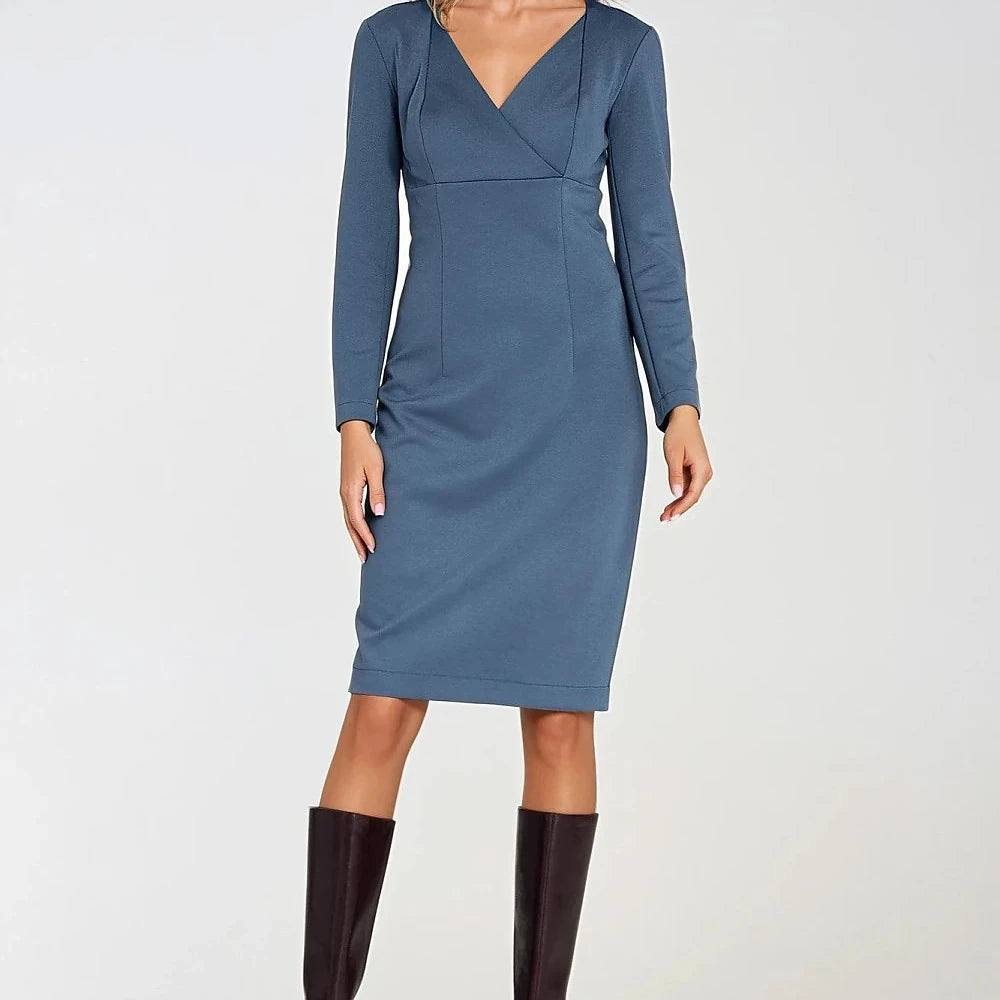 Fitted V-Neck Wrap Dress with Long Sleeves